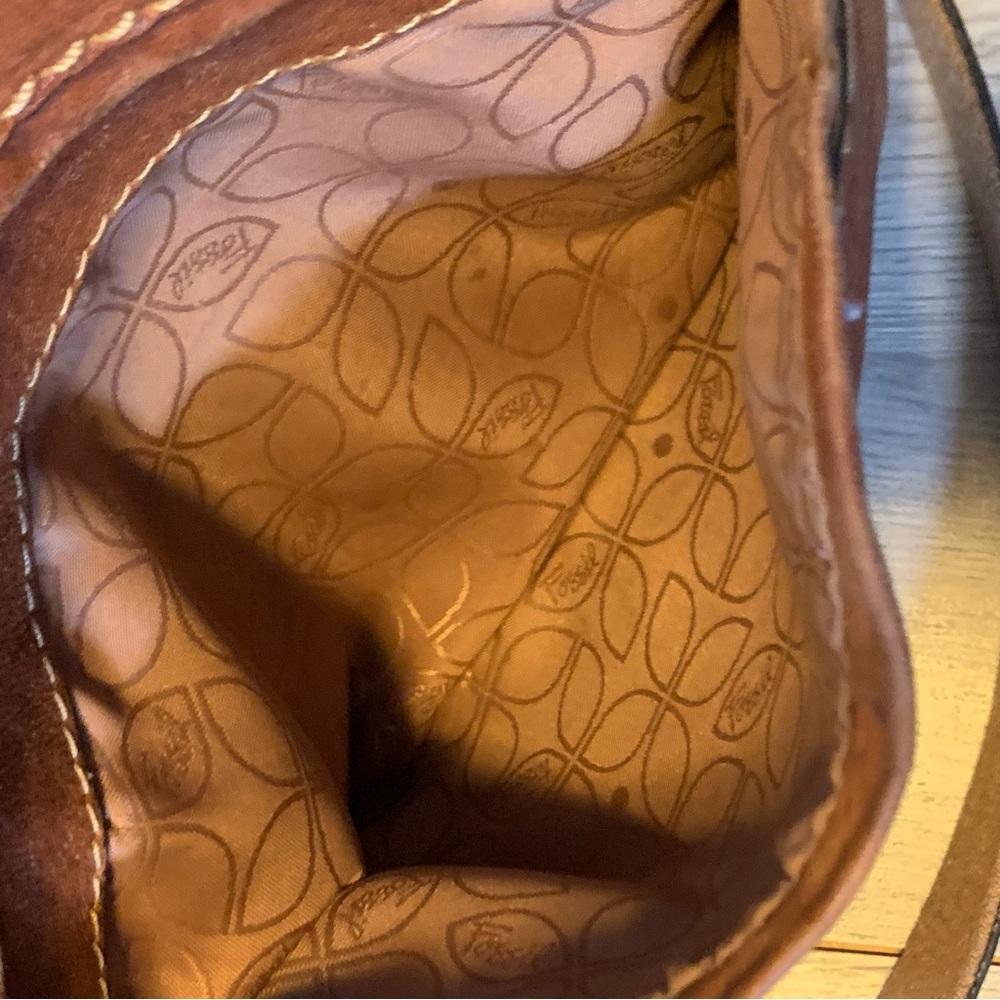 Fossil Brown Leather Long Strap Cross Body Bag Travel Adjustable Silver Tone Zip - Picture 10 of 16